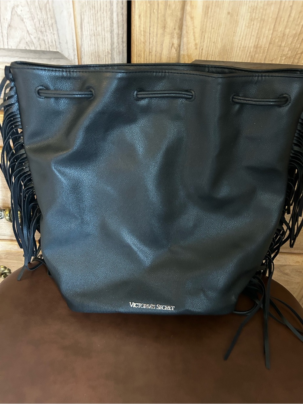 Victoria's Secret Black Fringe Faux-Leather Tote backpack
